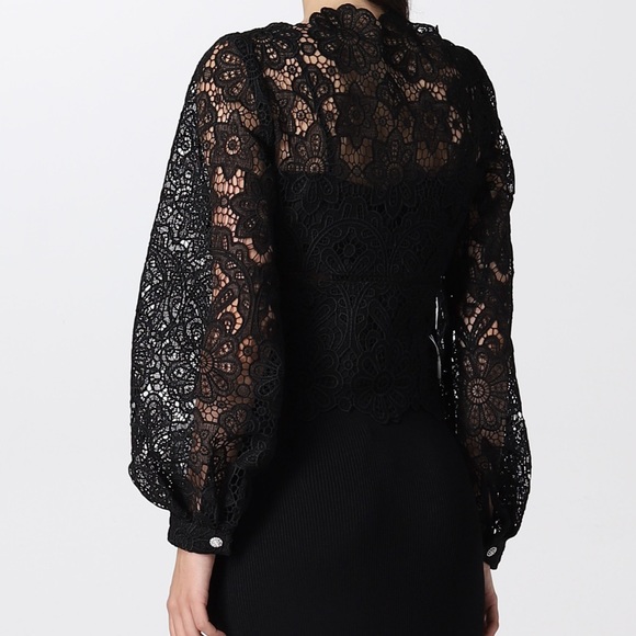 Self-Portrait Black Floral Guipure Puff Sleeve Blouse - Picture 3 of 7